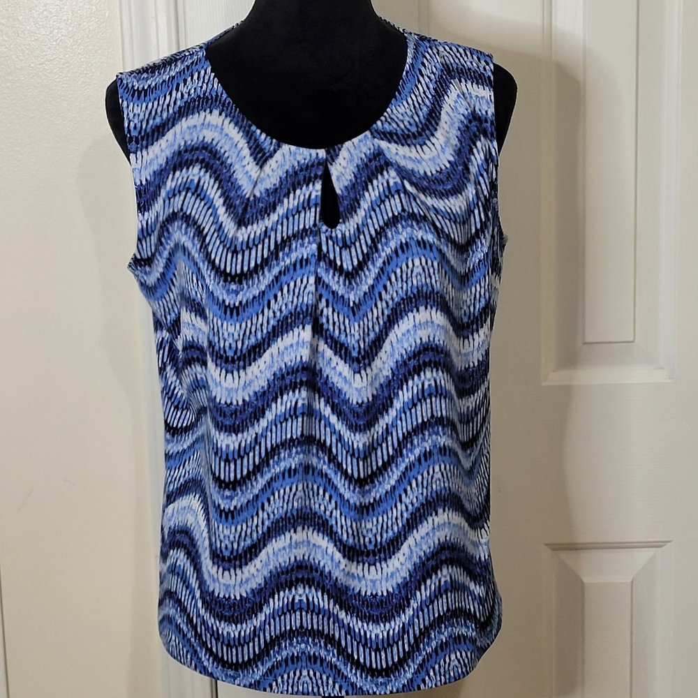 Jones Studio Separate Women Wave Sleeveless Keyhole Neckline Blouse Blue Sz M
